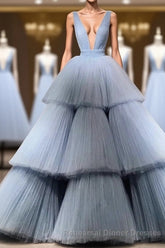 Modest Ball Gown Long V-neck Light Blue Princess Semi Formal Prom Dresses Quinceanera Dresses