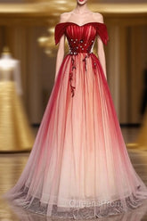 Burgundy Off The Shoulder Tulle Long Lace Up Formal Evening Prom Dress Party Dress