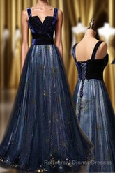 Elegant Long Lace Up Velvet Tulle Semi Formal Prom Dresses Modest Party Gowns