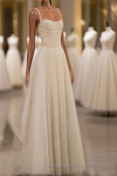 Champagne Tulle Long Semi Formal Prom Dress, Champagne Tulle Semi Formal Prom Dress