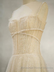 Champagne Tulle Long Semi Formal Prom Dress, Champagne Tulle Semi Formal Prom Dress