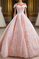 Gorgeous Pink Off The Shoulder Ball Gown Semi Formal Prom Dresses With Appliques