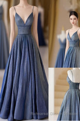 Blue V-Neckline Straps Low Back A-Line Semi Formal Prom Dress, Blue Long Evening Dress