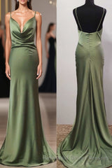 Olive Green Cowl Neck Trump Long Semi Formal Prom Dress