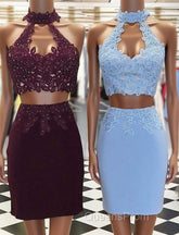 Two Piece Tight Short Burgundy-Blue Homecoming Dress with Key Hole