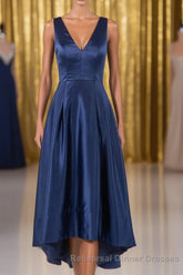 A Line Semi Formal Prom Satin V Neck High-Low Semi Formal Prom Dress