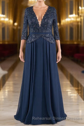 Navy V-Neck Long Sleeves Lace Appliques Chiffon Semi Formal Prom Dress