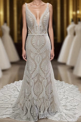 Elegant Spaghetti Straps V Neck Mermaid Lace Wedding Dress