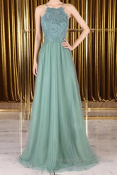 A Line Backless Lace Green Long Semi Formal Prom Dresses, Backless Green Lace Formal Graduation Evening Dresses