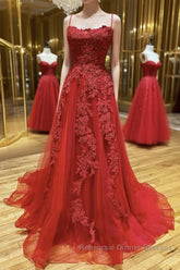 A Line Backless Red Lace Long Semi Formal Prom Dresses, Long Red Lace Formal Dresses, Red Evening Dresses