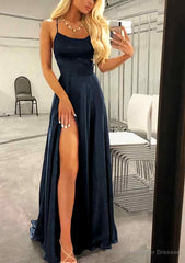 A-line Bateau Spaghetti Straps Sweep Train Charmeuse Prom Dresses With Split