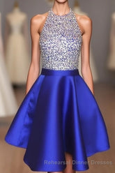 A-line Beaded Halter Satin Semi Formal Prom Dresses Short Open Back Homecoming Dresses