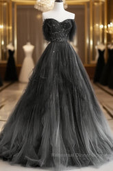 A-Line Black Tulle Ballgown Long Party Dress Beadings Evening Dress Semi Formal Prom Dress