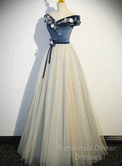 A-Line Blue-Grey Off Shoulder Long Party Dress, Tulle And Velevet Long Semi Formal Prom Dress