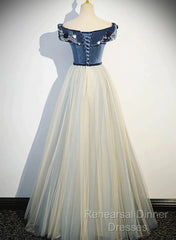 A-Line Blue-Grey Off Shoulder Long Party Dress, Tulle And Velevet Long Semi Formal Prom Dress