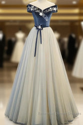 A-Line Blue-Grey Sequins Off Shoulder Long Party Dress Velevet Long Semi Formal Prom Dress
