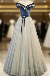 A-Line Blue-Grey Sequins Off Shoulder Long Party Dress Velevet Long Evening Prom Dress