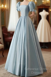 A-Line Blue Satin Short Sleevs Long Formal Dress, Blue Simple Floor Length Semi Formal Prom Dress