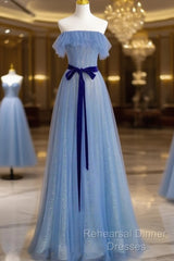 A-Line Blue Simple Off Shoulder Floor Length Semi Formal Prom Dress, Blue Long Party Dress