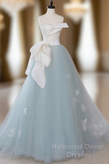 A-Line Blue Tulle Lace Applique Long Semi Formal Prom Dress, Blue Long Formal Dress