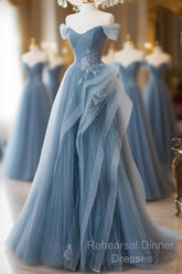 A-Line Blue Tulle Long Party Dress With Lace, Off Shoulder Tulle Semi Formal Prom Dress