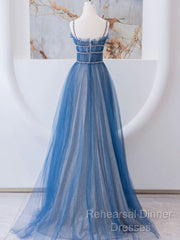A-Line Blue Tulle Long Semi Formal Prom Dress, Blue Tulle Formal Dresses