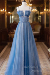 A-Line Blue Tulle Long Semi Formal Prom Dress, Blue Tulle Formal Dresses