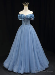 A-line Blue Tulle Off the Shoulder Beading Pleats Prom Dress