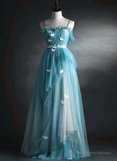 A-line Blue Tulle Straps Long Formal Dress, Blue Long Evening Dress Prom Dress