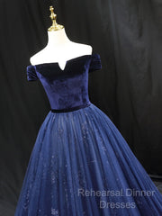 A-Line Blue Tulle Velvet Long Semi Formal Prom Dress, Blue Formal Evening Dress