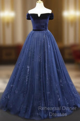 A-Line Blue Tulle Velvet Long Semi Formal Prom Dress, Blue Formal Evening Dress