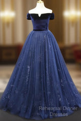 A-Line Blue Tulle Velvet Long Semi Formal Prom Dress, Blue Formal Evening Dress