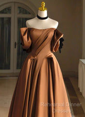A-Line Brown Satin Off Shoulder Scoop Long Semi Formal Prom Dress, Satin Evening Dress
