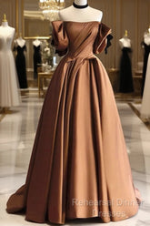 A-Line Brown Satin Off Shoulder Scoop Long Semi Formal Prom Dress, Satin Evening Dress
