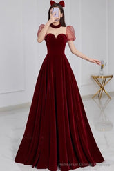 A line Burgundy Evening Party Dress Velvet Long Prom Dress