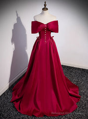 A-Line Burgundy Satin Off the Shoulder Pearls Prom Dress