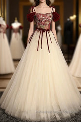 A line champagne long Semi Formal Prom Dresses, champagne tulle formal evening Dresses