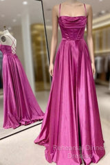 A-Line Fuchsia Semi Formal Prom Dress  Ruched Long Evening Dress Spaghetti Straps