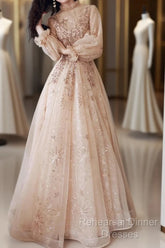 A-Line Glittering Elegant Engagement Formal Evening Dress High Neck Long Sleeve Floor Length Tulle With Sequin