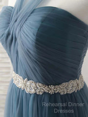 A-Line Gray Blue Tulle Long Bridesmaid Dress Floor-Length Beading Semi Formal Prom Dress Elegant