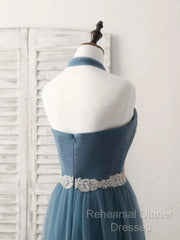 A-Line Gray Blue Tulle Long Bridesmaid Dress Floor-Length Beading Semi Formal Prom Dress Elegant