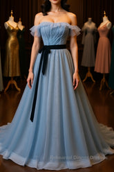 A-Line Gray Blue Tulle Long Semi Formal Prom Dresses, Gray Blue Long Formal Dresses