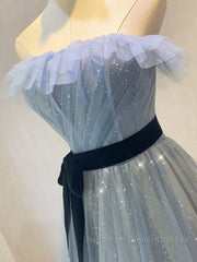 A-Line Gray Blue Tulle Long Semi Formal Prom Dresses, Gray Blue Long Formal Dresses