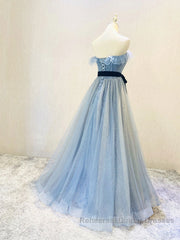 A-Line Gray Blue Tulle Long Semi Formal Prom Dresses, Gray Blue Long Formal Dresses