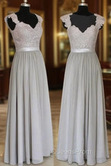 A-Line Gray Long Evening Prom Dress, Gray Lace Bridesmaid Dress