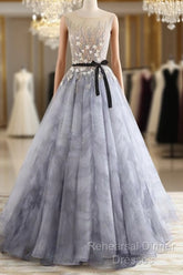 A-Line Gray Rround Neck Tulle Long Semi Formal Prom Dress Grey Evening Dress,