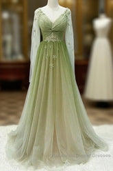 A-Line Green Gradient Tulle Long Sleeves Party Dress, V-Neckline Green Formal Dress Semi Formal Prom Dress