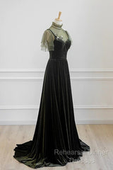 A-Line Green Velvet Long Wedding Party Dress, High Neckline Semi Formal Prom Dress Evening Dress