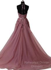 A Line Halter Neck Lace Semi Formal Prom Dress With Sweep Train,  Backless Formal Dress, Evening Dress