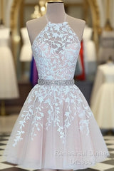 A Line Halter Neck Short Champagne Lace Semi Formal Prom Dresses, Short Champagne Lace Formal Homecoming Dresses